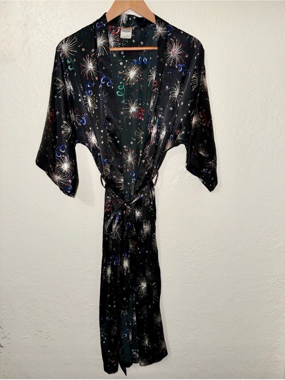 Vintage 80's Inner Most Black Satin Robe Firework Celebration NYE Kimono Belted